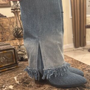Frayed Hem Denim Boots - Blue